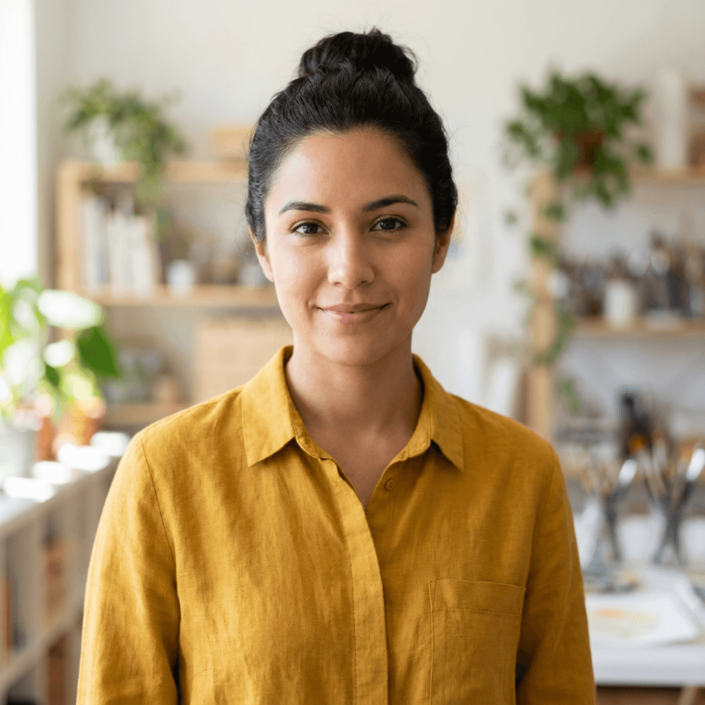 Monica Garcia with natural brows in a bright studio