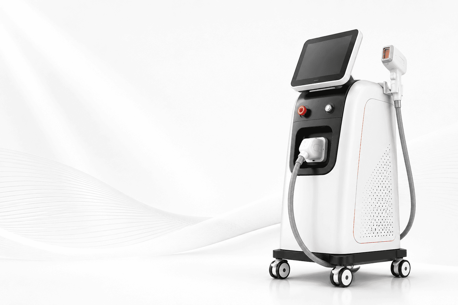 Sleek white medical laser device featuring a touchscreen display and handheld applicator on wheels.